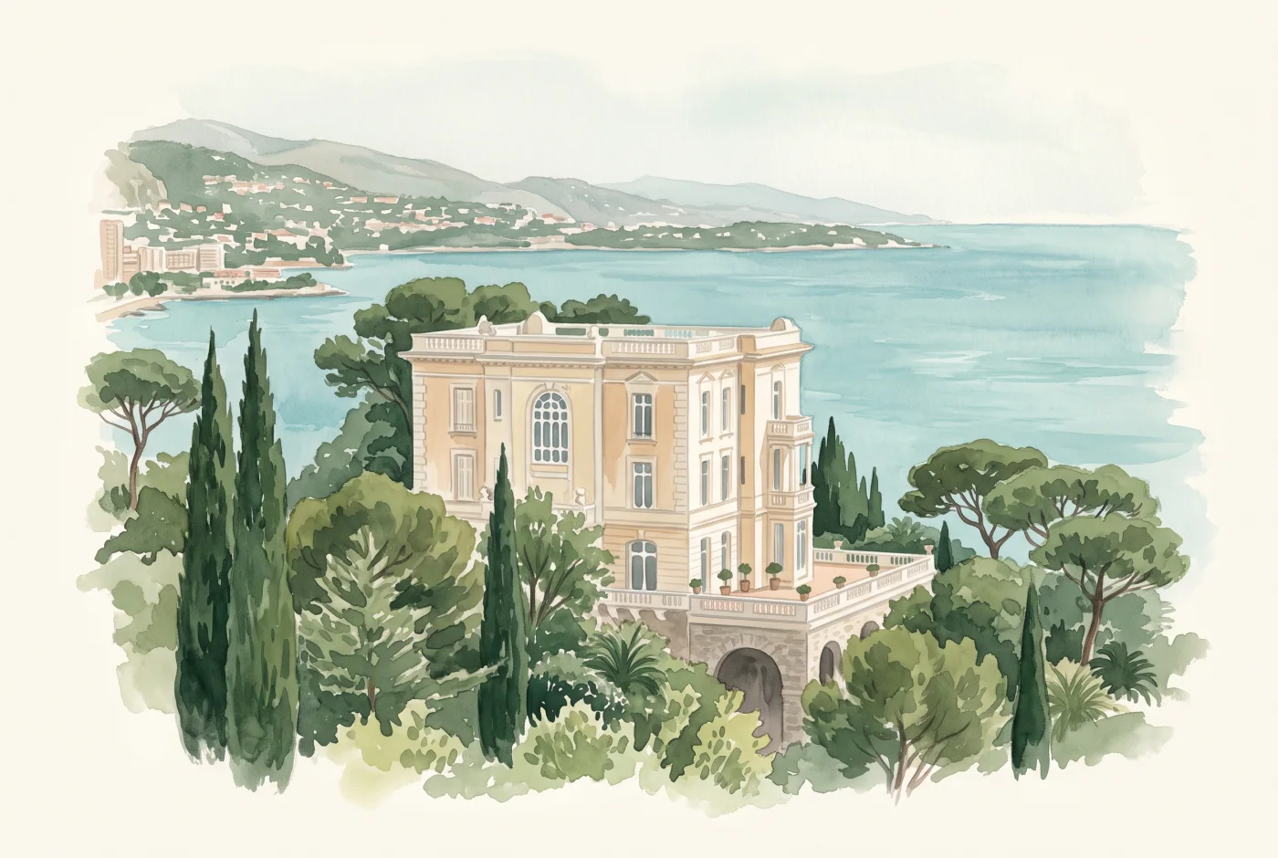 Aquarell der Villa La Vigie über Monte-Carlo